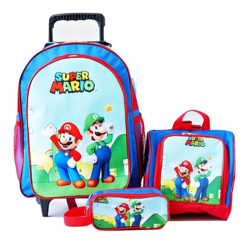 Mochila Super Mario Bros Rodinhas Luigi Lancheira Estojo Kit