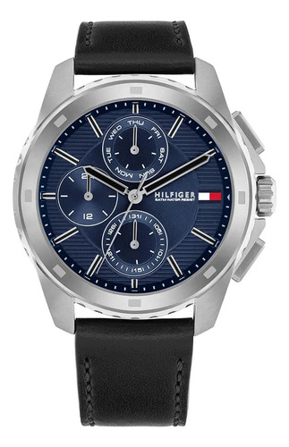 Reloj Tommy Hilfiger Hombre Walker 1710619 Malla Negro Bisel Plateado Fondo Azul