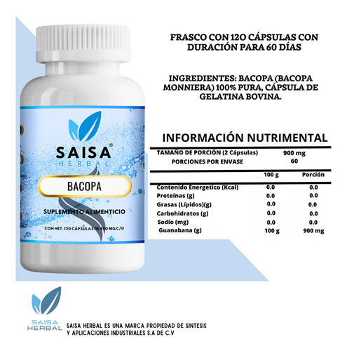 Bacopa Premium 450 mg 120 Cáps Saisa Herbal | Suplemento Alimenticio | Memoria, Concentración y Función Cognitiva