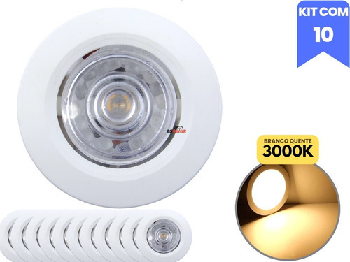 Kit 10 Spot Led Redondo Embutir Direcionável Smd 3w 3000k Cor Spot Bco/ Branco Quente 3000k