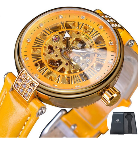 Reloj Mecánico De Cuero Luminoso Forsining Color De La Correa Amarillo