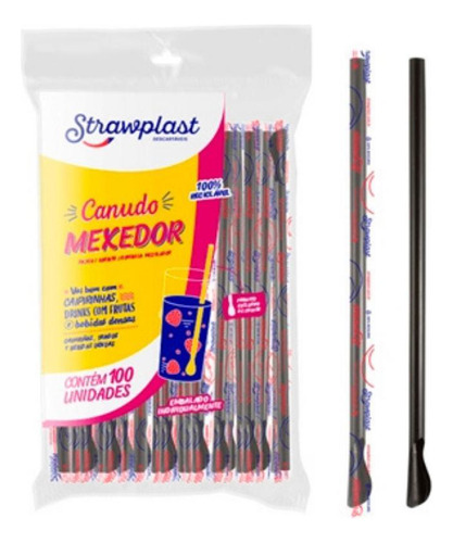 Kit 200 Canudo Colher Mexedor Preto Strawplast Para Drinks