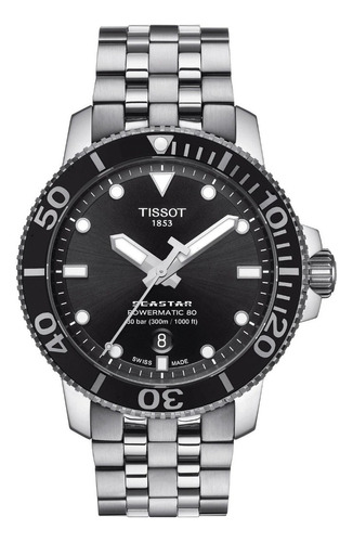 Reloj pulsera Tissot Seastar 1000 powermatic 80 con correa de acero inoxidable color gris - fondo negro