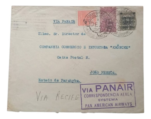 C7816 - Envelope Circulado Panair Em 1930 Do Rj Para Pb Com 