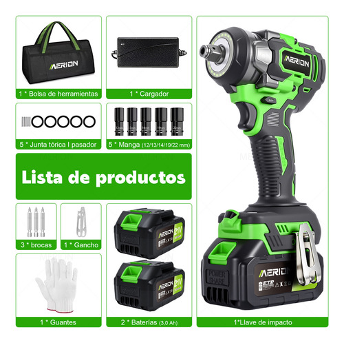 Pistola Impacto Llave Inalámbrica 1/2 600 Nm Con 2 Baterías 2 En 1 Con 24 Cuentas De Lámpara Led Merion MER+BS+600