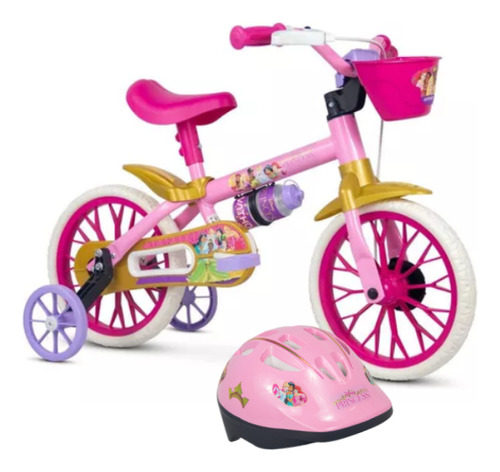 Bicicleta Aro 12 Princesas E Capacete Infantil Nathor Rosa