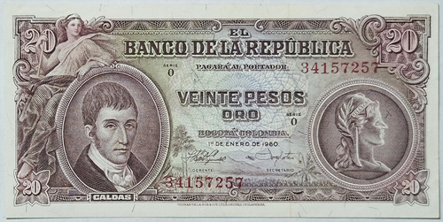 Billete 20 Pesos 01/ene/1960 Colombia Au