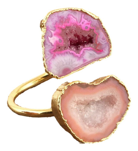 Anillo Con 2 Geodas De Ágata Violeta Y Mamey Chapado En Oro