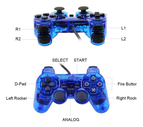 Combo 2 Controles Para Ps2 Joystick Analógico Plug And Play Azul