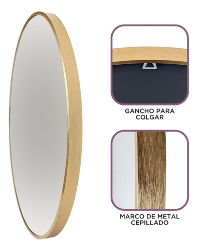 Espejo Grande Circular De Pared Ravena, Diámetro 60cm, Marco Metálico De Excelente Calidad - Decoración Minimalista - Color Dorado