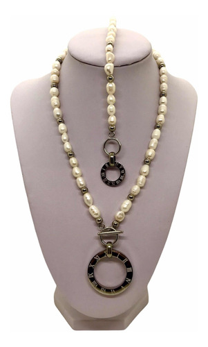 Imagen 3 de 6 de Conjunto Collar & Pulsera De Acero Con Perlas Cultivadas