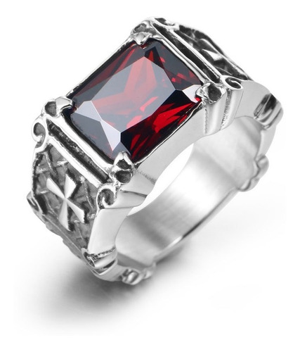 Anillo Cruz Gótico Titanio A255 Piedra Negra Roja Preciosa