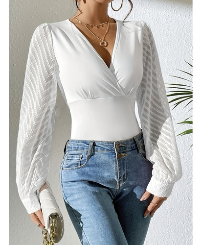 Camiseta De Manga Larga Con Cuello En V Para Mujer