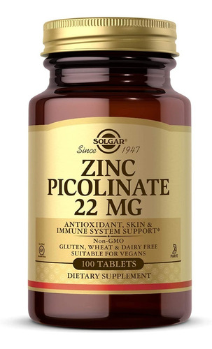 Picolinato De Zinc 22 Mg Solgar 100 Tabletas