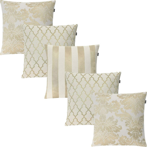 Kit 5 Capas Almofadas Jacquard Luxo Branco E Dourado 45x45 