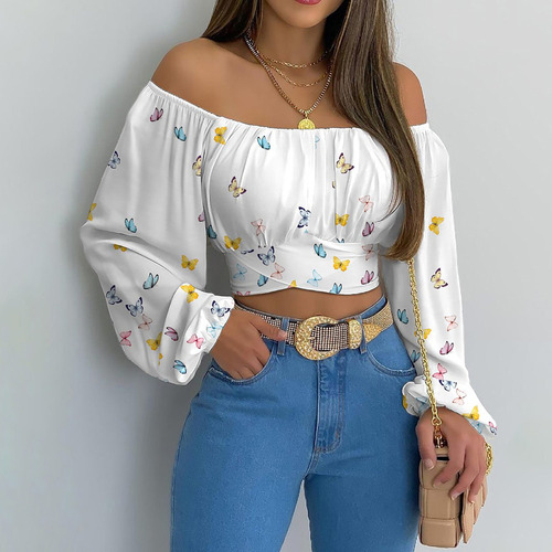 Top Corto Fruncido Con Hombros Descubiertos For Mujer