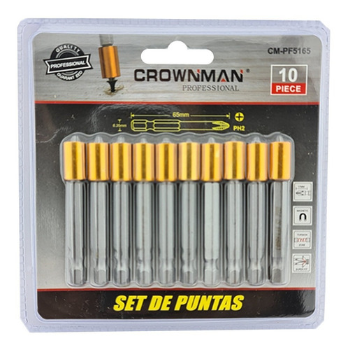 Juego 10 Puntas Phillips Hexagonal Magnetico Crownman