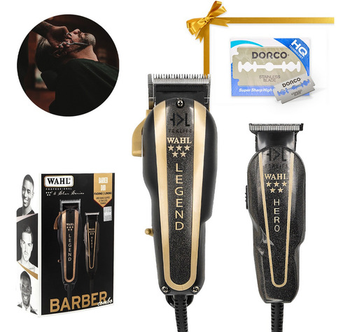 Wahl Barber Combo Cortapelo Profesional + Regalo Paq Navajas Color Negro