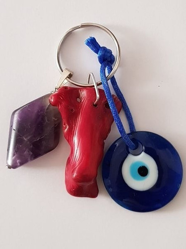 Llavero Dije Amuleto Proteción Coral Rojo/amatista/ojo Turco Azul