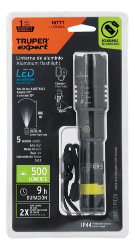 Linterna Recargable, Led Cree, 180 Lm Con 2 Truper Tru16777