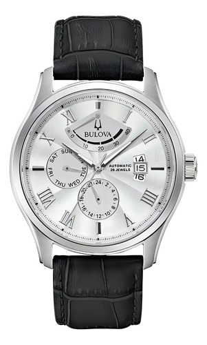 96c141 Reloj Bulova Mechanical Wilton Negro/plateado Correa Negro Bisel Plateado Fondo Blanco
