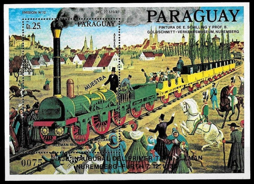 Pintura - Tren Antiguo - Paraguay 1986 - Block Mint Muestra