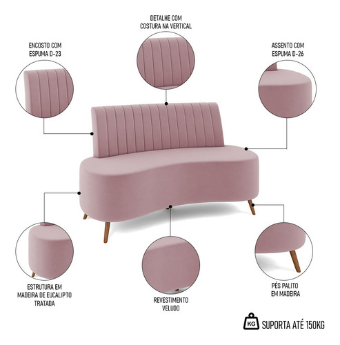 Sofá 2 Lugares Living 135cm Pés Palito Tamar Veludo Rosê Cor Rosa