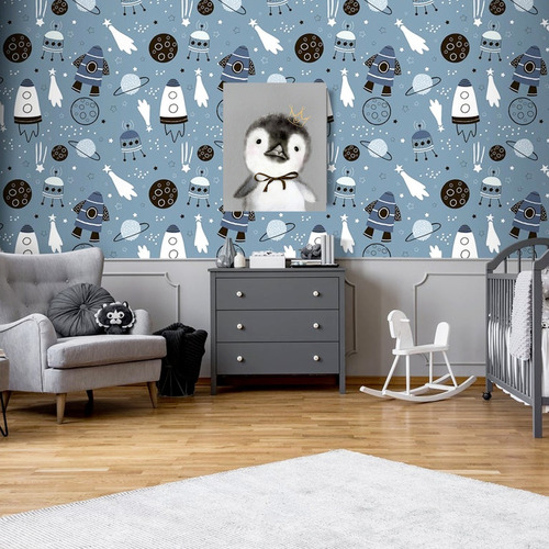 Vinil Wallpaper Tapiz Estrellas Planetas Infantil Decorativo Color Espacio Azul