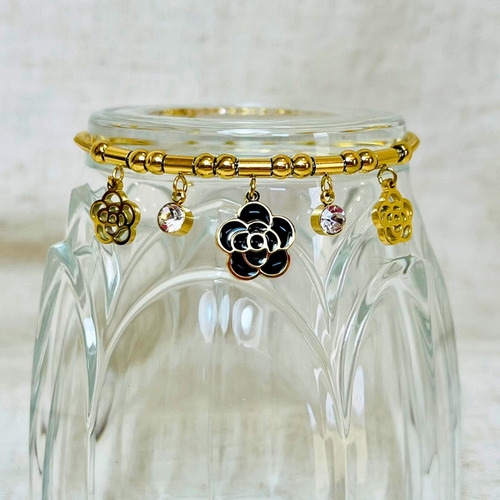 Pulsera Acero Inoxidable Con Dijes Flor