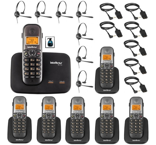 Kit Telefone Fixo Sem Fio Com Bina 2 Linhas 6 Ramal Headset