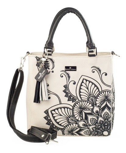 Bolsa De Piel Con Bordado Artesanal Mandala Bolso Moda Dama Color Blanco Diseño de la tela Pilar Mandala