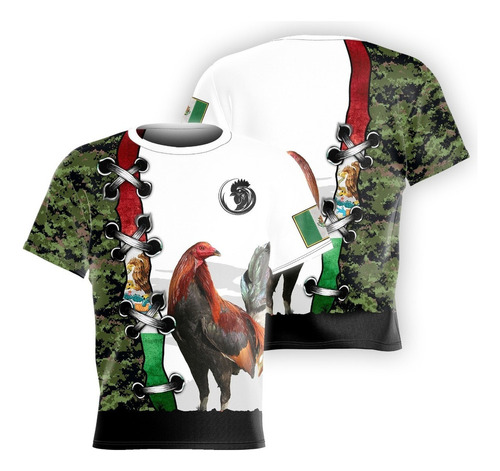 Playera Pd26 Con Diseño Mexicano De Gallo Rojo, Camuflado