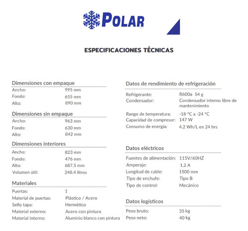 Congelador Horizontal Polar Ch-106a248.4lts 1 Puerta