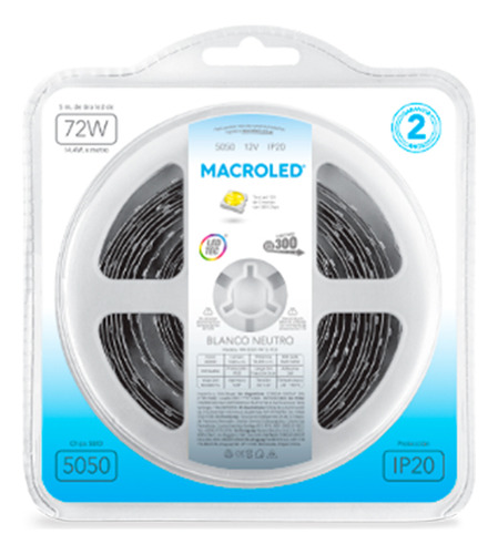 Tira Led 5050 Macroled Blanco Neutro 12v 14.4w/mt