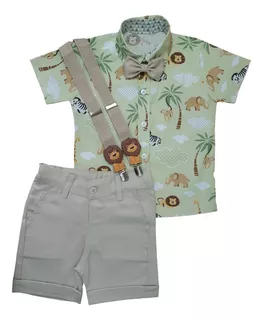 Conjunto Roupas De Bebe Menino Camisa Social Infantil Safari Verde Com Gravata Infantil E Suspensorio