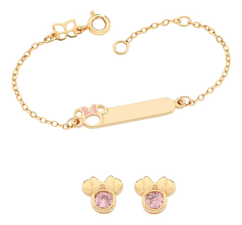 Kit Pulseira E Brinco Minnie Infantil Rommanel Com Gravação Comprimento 14 Cm Cor Dourado Diâmetro 14 Cm