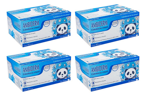 Cubre Boca Kids Ambiderm 4 Cajillas De 50pz C/u Color Blanco Con Dibujo Diseño De La Tela Panda