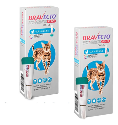 Combo 2 Bravecto Plus Gatos Transdermal 2,8 A 6,25kg 250mg Branco