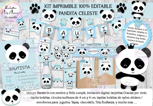 Kit Imprimible Candy Bar Panda Pandita Celeste 100% Editable