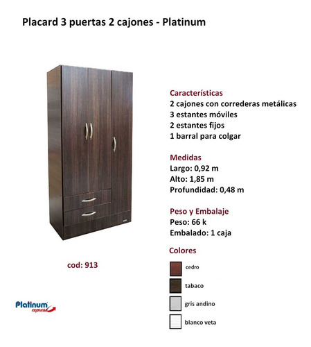 Placard 3 Puertas 2 Cajones  - Envio Sin Cargo Al Gran Mza