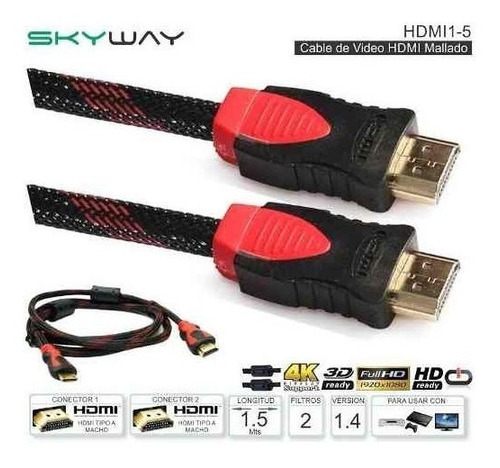 Cable Hdmi 1,5 Mts 1080p Mallado V1.4 Filtros Puntas Doradas