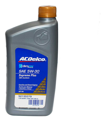 Aceite De Motor. Acdelco Supreme Plus Sae 5w-30 Dexos 2 (1/4