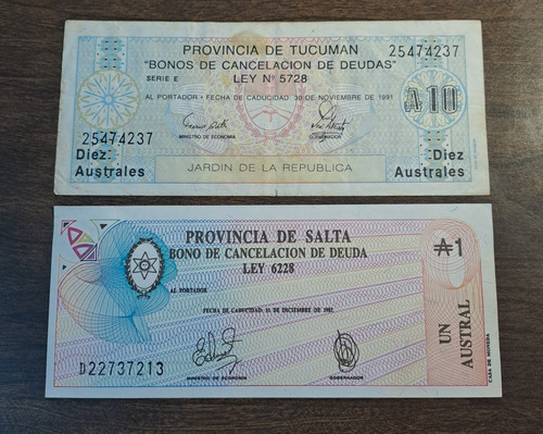 Bonos X 2 Billetes Incluye 1 Austral Salta 1987 Sc. (Usado)