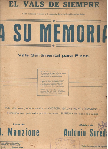 Partitura Orig. Vals A Su Memoria De H. Manzione Y A. Sureda