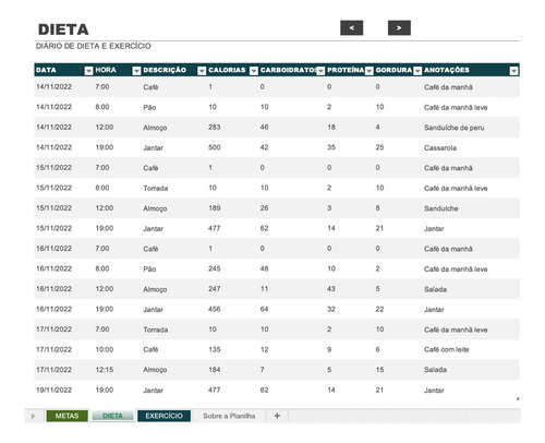 Planilha Excel Dieta E Exercícios Diarios Em Excel