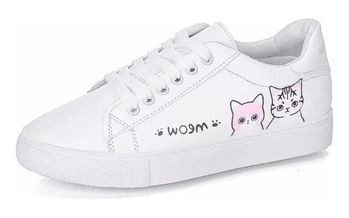 Zapatos Blancos Con Estampado De Gatos Lindos Para Mujer