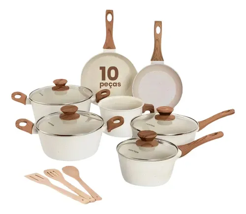Jogo De Panelas Indução Gourmet Antiaderente Cerâmica  Premium Mármol 10 Peças Mimo Style Mármore