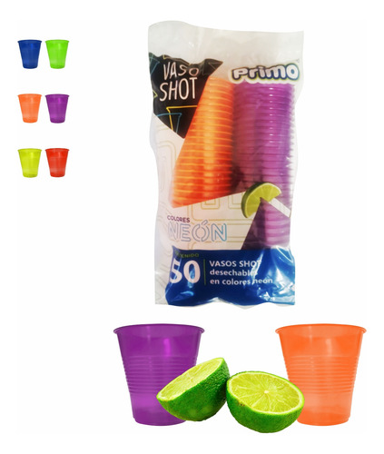 Vaso Shot Neón Desechable 50 Piezas Marca Primo - Pineon1 - Color Morado - Naranja