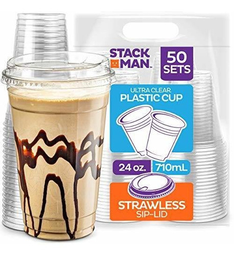 24 Oz  Clear Cups With Strawless Siplids  50 Sets Pet C...