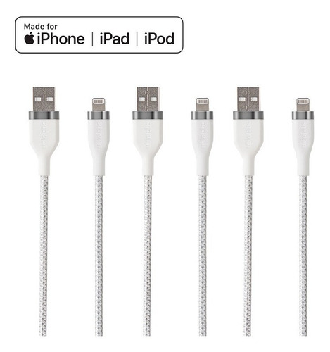 Cable Cargador Para iPhone Usb iPad iPod 3 Pack Certificado Color Blanco